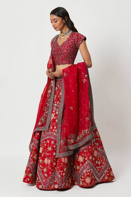 Rishi And Soujit Red Raw Silk, Georgette Multi Color Floral Embroidered Bridal Lehenga Set Online at Aza Fashions Rishi And Soujit_Red Raw Silk, Georgette Multi Color Floral Embroidered Bridal Lehenga Set_Online_at_Aza_Fashions