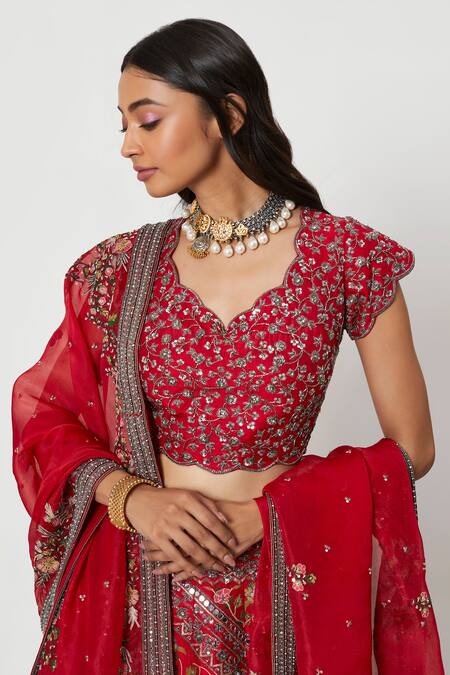 Buy Rishi And Soujit Red Raw Silk, Georgette Multi Color Floral Embroidered Bridal Lehenga Set Online at Aza Fashions Buy_Rishi And Soujit_Red Raw Silk, Georgette Multi Color Floral Embroidered Bridal Lehenga Set_Online_at_Aza_Fashions