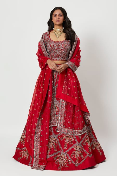 Rishi and Soujit Raw Silk Embroidered Bridal Lehenga Set 