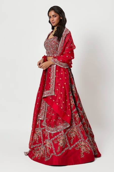 Rishi And Soujit_Red Raw Silk, Organza Multi Color Thread, Sequins Embroidered Bridal Lehenga Set_Online_at_Aza_Fashions