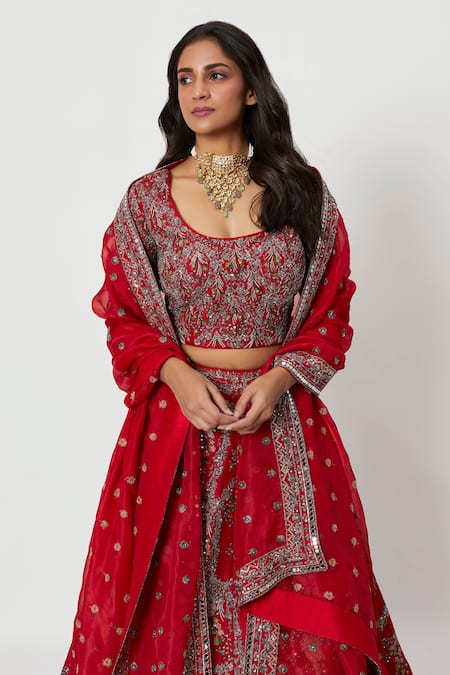 Buy_Rishi And Soujit_Red Raw Silk, Organza Multi Color Thread, Sequins Embroidered Bridal Lehenga Set_Online_at_Aza_Fashions