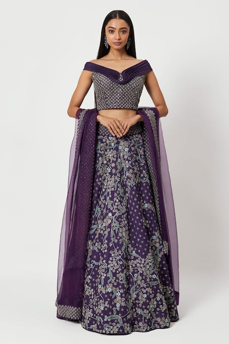 Rishi and Soujit Purple Rawsilk Embroidery Cutdana V Neck Zardozi Lehenga Set  