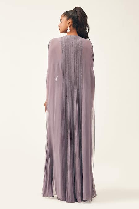 Shop Rishi And Soujit Purple Rawsilk Embroidery Bead Cape Open And Draped Skirt Set at Aza Fashions Shop_Rishi And Soujit_Purple Rawsilk Embroidery Bead Cape Open And Draped Skirt Set _at_Aza_Fashions