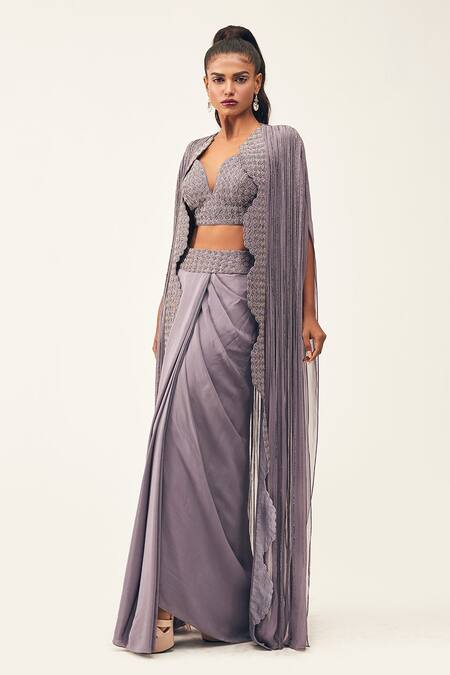 Rishi And Soujit Purple Rawsilk Embroidery Bead Cape Open And Draped Skirt Set Online at Aza Fashions Rishi And Soujit_Purple Rawsilk Embroidery Bead Cape Open And Draped Skirt Set _Online_at_Aza_Fashions