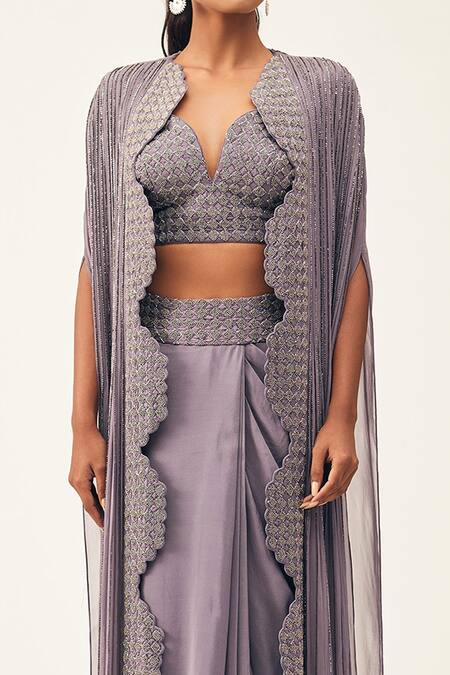 Buy Rishi And Soujit Purple Rawsilk Embroidery Bead Cape Open And Draped Skirt Set Online at Aza Fashions Buy_Rishi And Soujit_Purple Rawsilk Embroidery Bead Cape Open And Draped Skirt Set _Online_at_Aza_Fashions