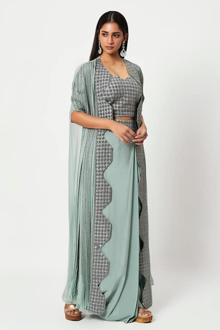 Buy Blue Solid Gathered Cape With Ikkat Printed Crop Top And Skirt Co-ord  Set Online - W for Woman