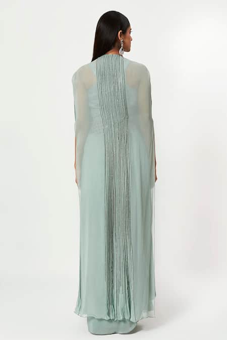 Shop Rishi And Soujit Blue Georgette, Rawsilk Cutdana, Bead Blouse Embroidered And Draped Skirt Set at Aza Fashions Shop_Rishi And Soujit_Blue Georgette, Rawsilk Cutdana, Bead Blouse Embroidered And Draped Skirt Set _at_Aza_Fashions