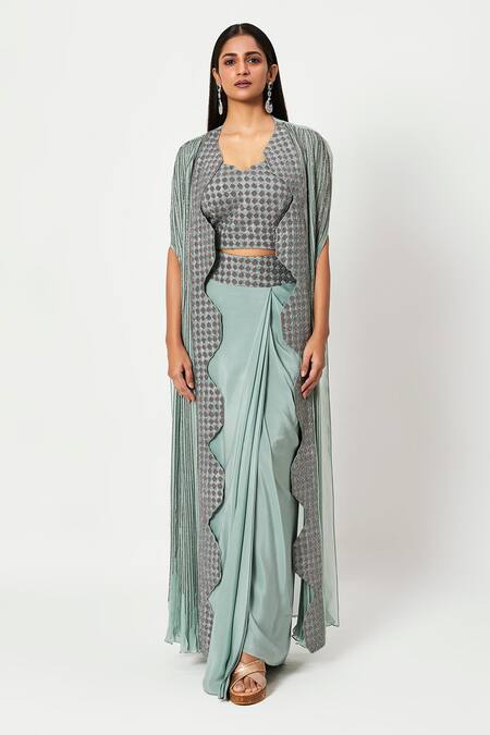 Rishi And Soujit Blue Georgette, Rawsilk Cutdana, Bead Blouse Embroidered And Draped Skirt Set Online at Aza Fashions Rishi And Soujit_Blue Georgette, Rawsilk Cutdana, Bead Blouse Embroidered And Draped Skirt Set _Online_at_Aza_Fashions