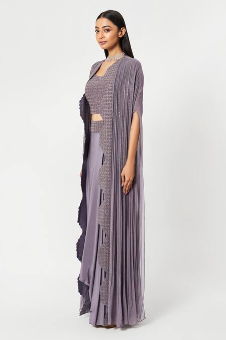 Buy Rishi And Soujit Purple Rawsilk Embroidery Bead Cape Open And Draped Skirt Set Online at Aza Fashions Buy_Rishi And Soujit_Purple Rawsilk Embroidery Bead Cape Open And Draped Skirt Set _Online_at_Aza_Fashions
