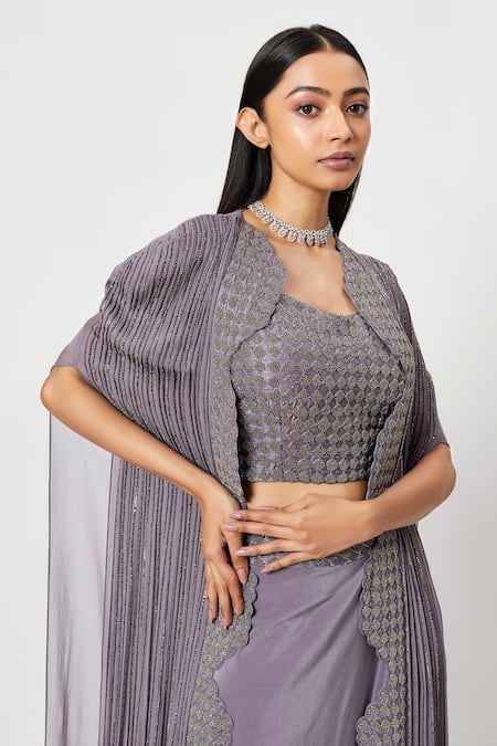 Shop Rishi And Soujit Purple Rawsilk Embroidery Bead Cape Open And Draped Skirt Set Online at Aza Fashions Shop_Rishi And Soujit_Purple Rawsilk Embroidery Bead Cape Open And Draped Skirt Set _Online_at_Aza_Fashions