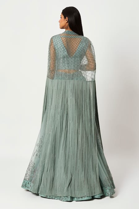 Shop Rishi And Soujit Blue Organza Embroidery Swarovski Cape Open Lehenga Set at Aza Fashions Shop_Rishi And Soujit_Blue Organza Embroidery Swarovski Cape Open Lehenga Set _at_Aza_Fashions