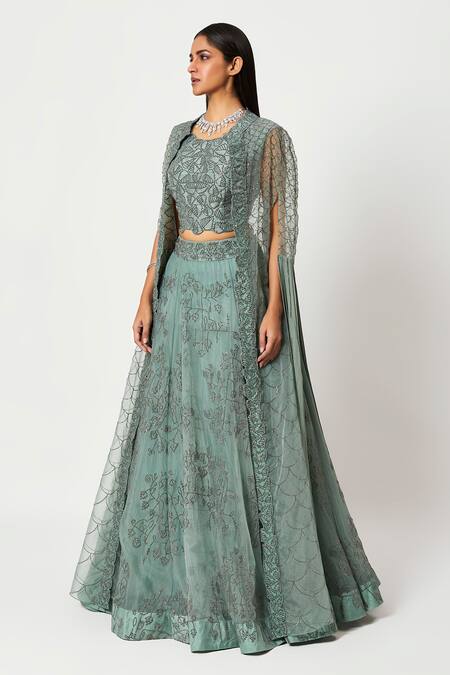 Rishi And Soujit Blue Organza Embroidery Swarovski Cape Open Lehenga Set Online at Aza Fashions Rishi And Soujit_Blue Organza Embroidery Swarovski Cape Open Lehenga Set _Online_at_Aza_Fashions