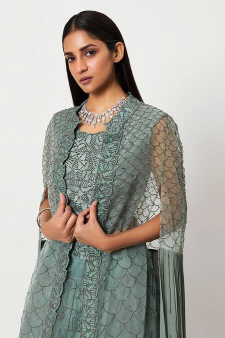 Buy Rishi And Soujit Blue Organza Embroidery Swarovski Cape Open Lehenga Set Online at Aza Fashions Buy_Rishi And Soujit_Blue Organza Embroidery Swarovski Cape Open Lehenga Set _Online_at_Aza_Fashions