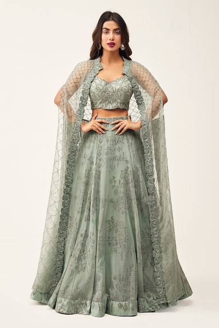Rishi And Soujit Blue Organza Embroidery Swarovski Cape Open Lehenga Set  