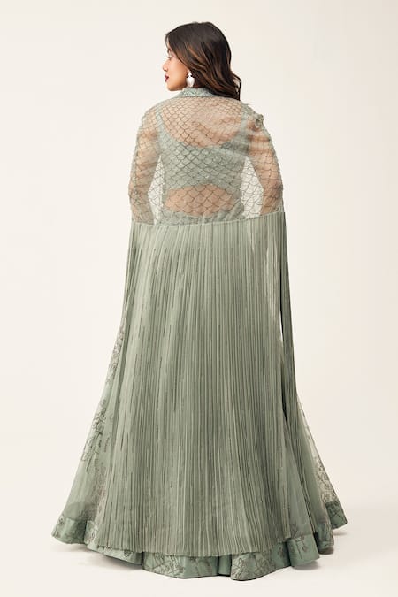 Shop Rishi And Soujit Blue Organza Embroidery Swarovski Cape Open Lehenga Set at Aza Fashions Shop_Rishi And Soujit_Blue Organza Embroidery Swarovski Cape Open Lehenga Set _at_Aza_Fashions