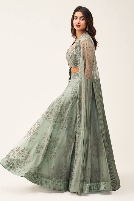 Rishi And Soujit Blue Organza Embroidery Swarovski Cape Open Lehenga Set Online at Aza Fashions Rishi And Soujit_Blue Organza Embroidery Swarovski Cape Open Lehenga Set _Online_at_Aza_Fashions