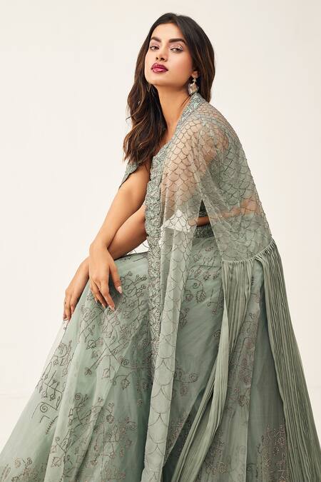 Buy Rishi And Soujit Blue Organza Embroidery Swarovski Cape Open Lehenga Set Online at Aza Fashions Buy_Rishi And Soujit_Blue Organza Embroidery Swarovski Cape Open Lehenga Set _Online_at_Aza_Fashions
