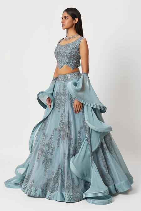 Rishi And Soujit_Blue Organza Embroidery Swarovski Sweetheart Neck Lehenga Set  _Online_at_Aza_Fashions