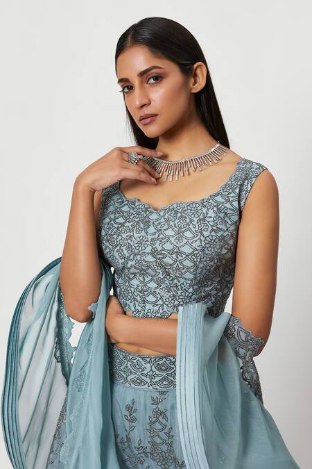 Buy_Rishi And Soujit_Blue Organza Embroidery Swarovski Sweetheart Neck Lehenga Set  _Online_at_Aza_Fashions