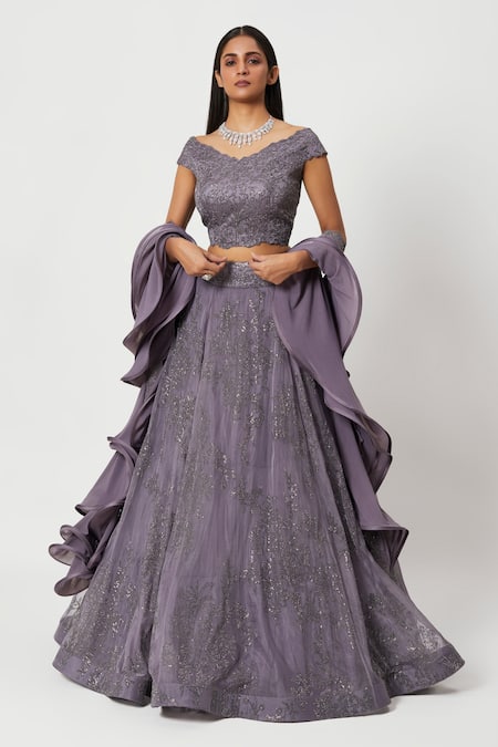 Rishi And Soujit Purple Organza, Lycra Floral, Swarovski V Neck Embroidered Lehenga Set 