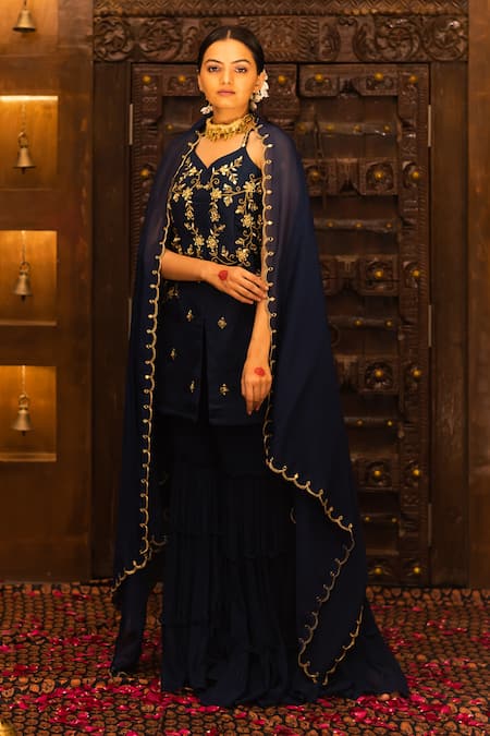 Vana Ethnics Blue Organza, Georgette, Satin, Viscose Floral, Embellished Top Sharara Set 