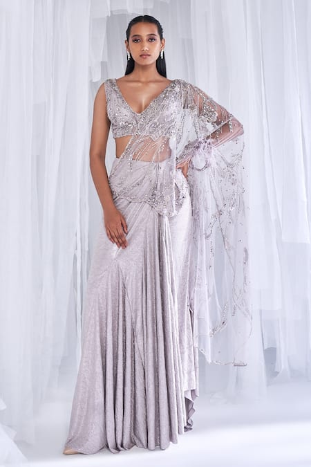 Dolly J Silver Lycra + Tulle Embroidered Amoudi Ray Draped Saree Set With Blouse 