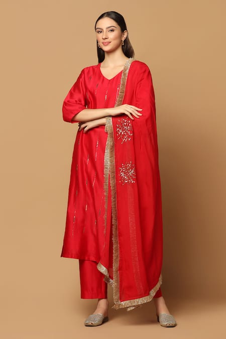 Two Sisters By Gyans Red Cotton, Chanderi, Chiffon Embroidery, Mirrors Mukaish Work Kurta Set 