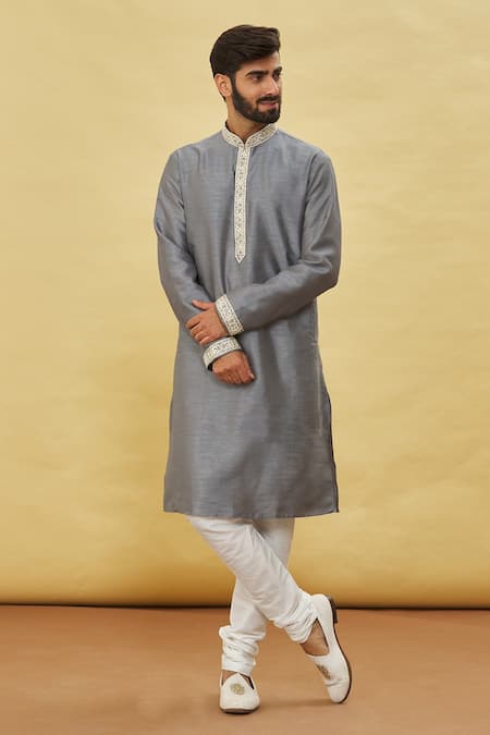 Arihant Rai Sinha Grey Silk Embroidery Thread Cuff Kurta Set 