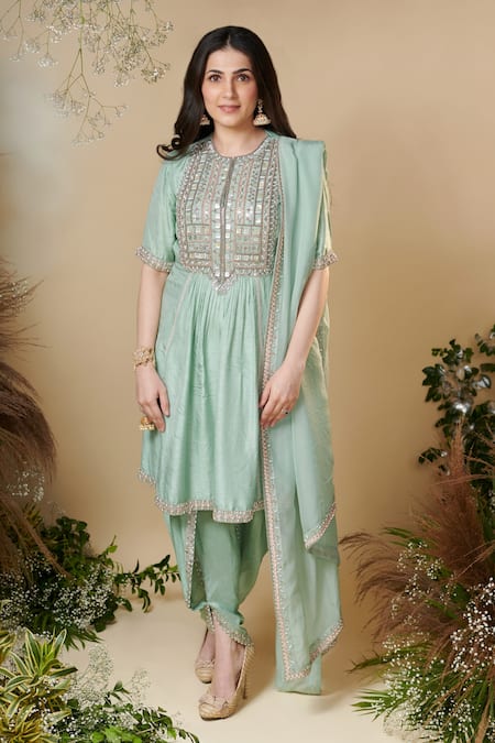 Reeti Arneja Green Silk, Organza Sequins Round Neck Nerissa Yoke Embroidered Kurat Salwar Set 