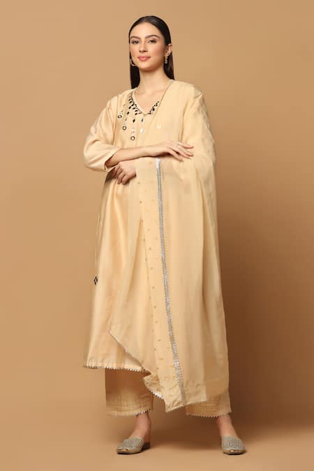 Two Sisters By Gyans Beige Cotton, Chanderi Embroidery V-neck Kurta Set 