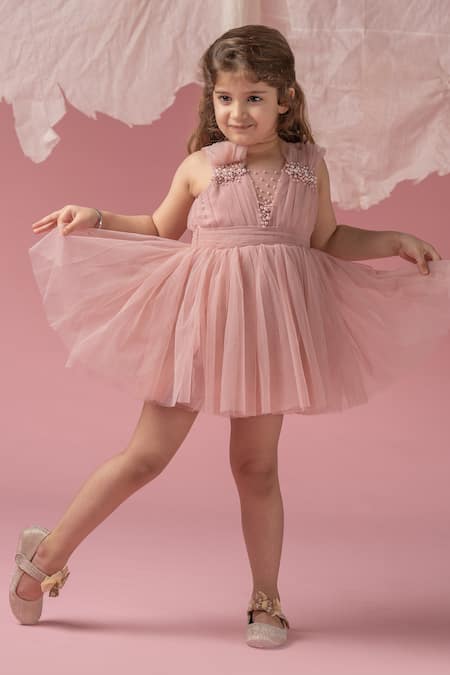Darleen Kids Couture Pink Net And Lining- Taffeta & Shantoon Embroidery Pearls Pretty Pleats Dress 