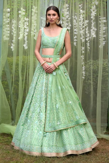 Unique Sea-Green Heavily Embellished Bridal Lehenga Choli