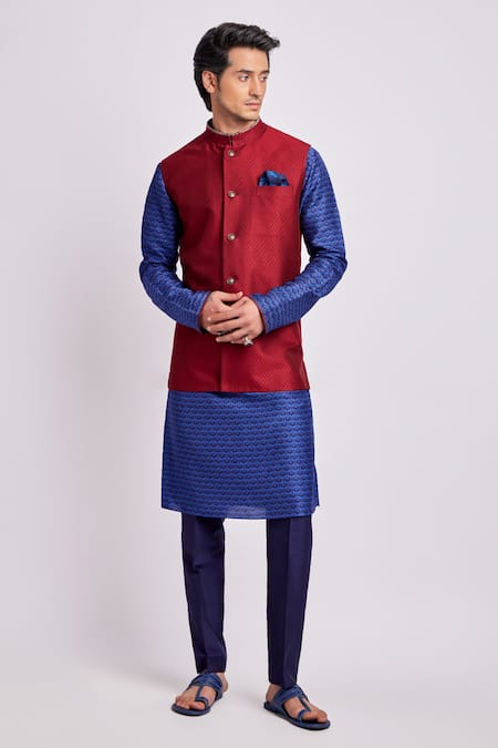 Bubber Couture Maroon Silk, Jacquard Embroidery Diamond Woven Bundi 