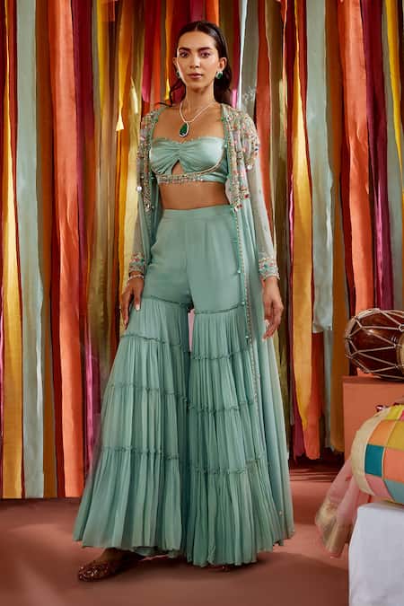 Label Sanya Gulati Green Satin, Georgette Embroidery, Sequins, Pearls Floral Cape With Sharara Set