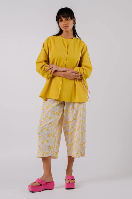 Tussah By Siddhi Shah Yellow , Handloom Cut Work Round Neck Shirt With Pant 