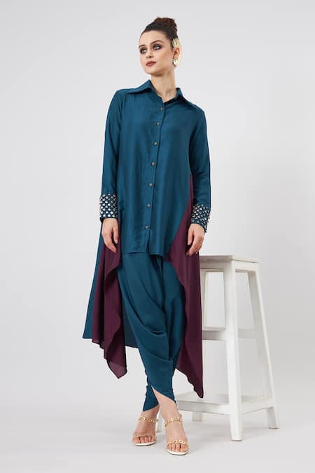 Aakaar Blue Cotton Silk Embroidered Sequin Solid Button Down Tunic And Draped Pant Set 