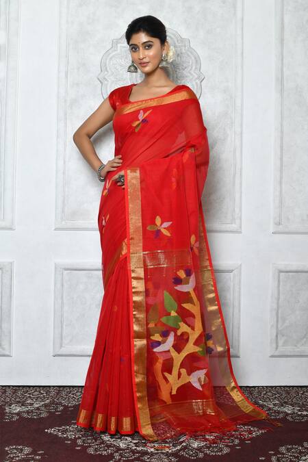 Divine White Red Blend Resham Muslin Silk Jamdani Saree - Loomfolks