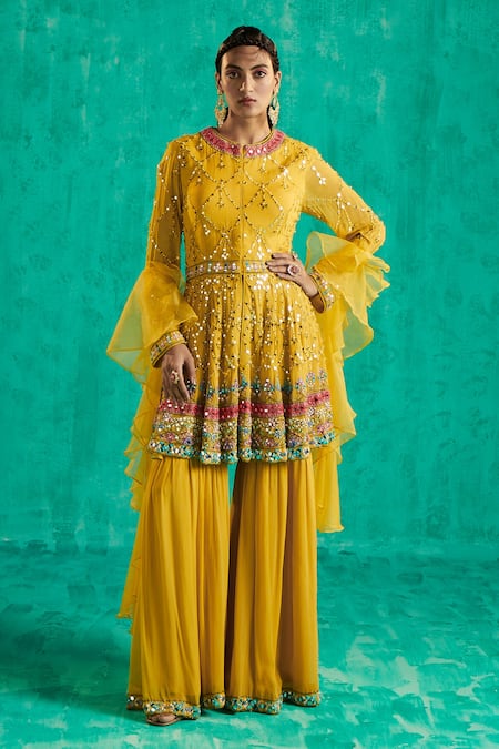 Shian Mirror Embroidered Peplum Kurta Sharara Set 