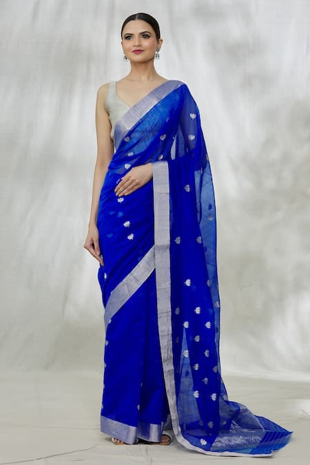 Mint N Oranges Blue Chanderi Silk Embroidery Lotus Pattern Saree With Unstitched Blouse Fabric Online at Aza Fashions Mint N Oranges_Blue Chanderi Silk Embroidery Lotus Pattern Saree With Unstitched Blouse Fabric_Online_at_Aza_Fashions