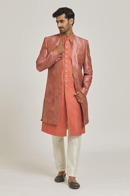 Adara Khan Pink Art Silk Printed Thread Checkered And Sherwani Set