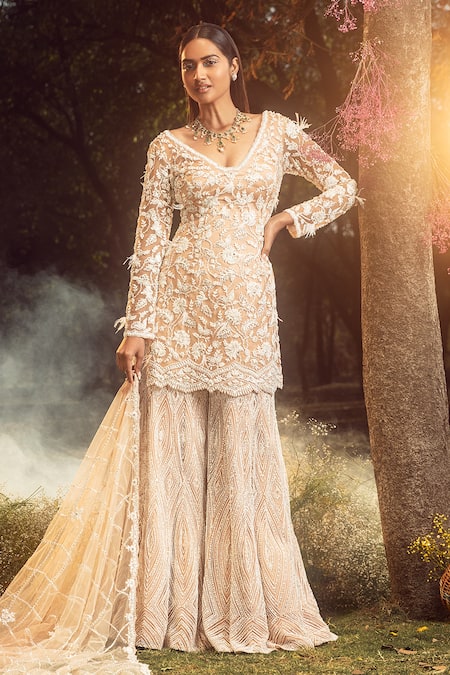 Buy Nitika Gujral Beige Net, Satin Pearls, Crystals, Diamonds, Embroidered Kurta Sharara Set at Aza Fashions Buy_Nitika Gujral_Beige Net, Satin Pearls, Crystals, Diamonds, Embroidered Kurta Sharara Set _at_Aza_Fashions