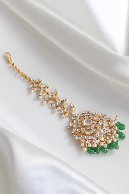 Nepra By Neha Goel Green Stone Embellished Maangtikka 