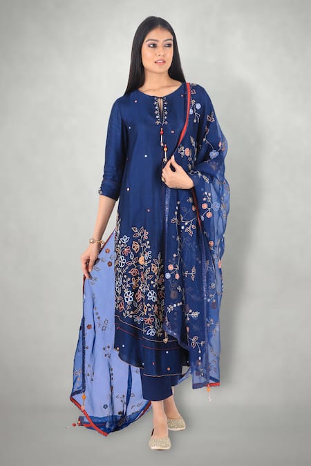 I Am Design Blue Cotton , Silk Organza, Linen Aari Round Embroidered Kurta Set 