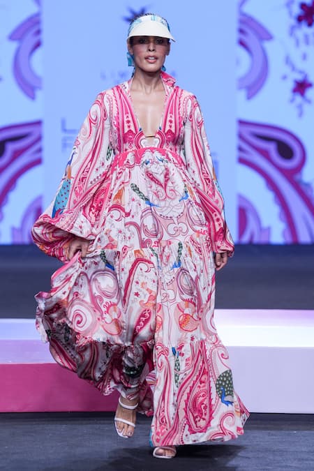 Limerick By Abirr N' Nanki Multi Color Crepe Embroidered Paisley Hiya Balloon Sleeve Tiered Dress