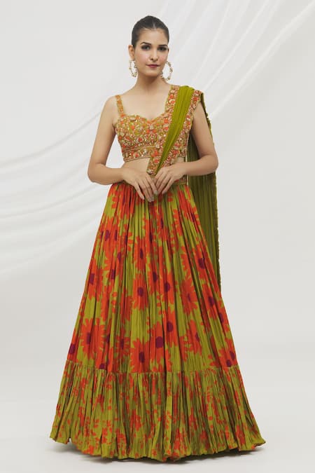 Green and Orange Embroidered Sangeet Designer Lehenga Choli