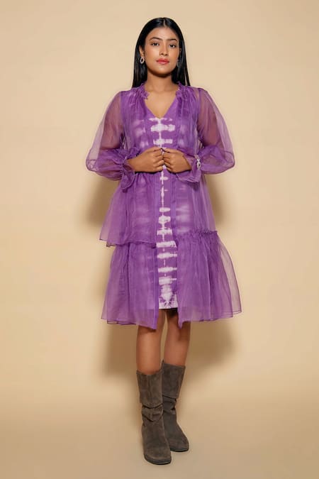 Ranng Label Purple Lycra V Neck Sheer Shrug And Tie Dye Dress 