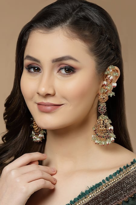 Shop Dugran By Dugristyle Multi Color Pearls, Lace, Stones Temple Dangler Earrings at Aza Fashions Shop_Dugran By Dugristyle_Multi Color Pearls, Lace, Stones Temple Dangler Earrings _at_Aza_Fashions