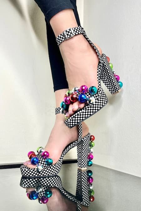 Buy Multi Color Checkered Pattern And Beads Disco Bite Heels by