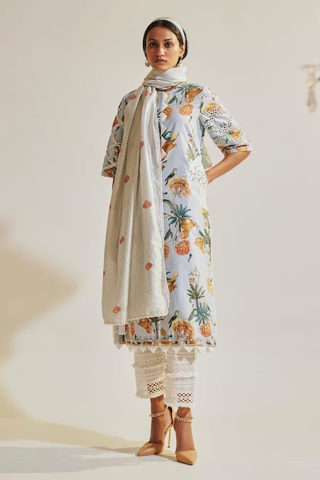Sage Saga Blue Chanderi, Lace, Linen Lace, Cut Work Soha Floral Print Kurta Palazzo Set 