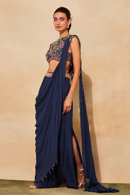 Buy Blue Cotton Silk And Georgette Pre-draped Pant Saree With Blouse For  Women by DiyaRajvvir Online at Aza Fashions.
